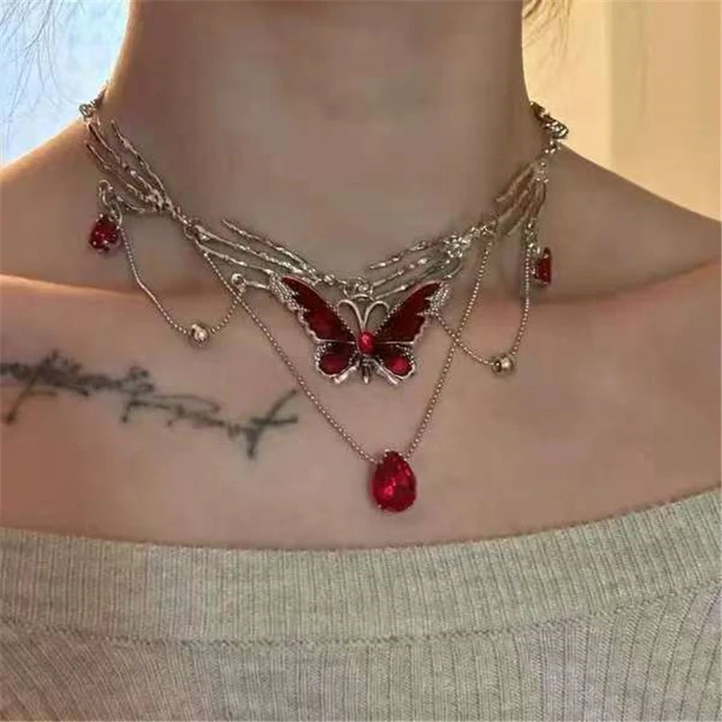 Gothic Red Butterfly Crystal Pendant Sliver Ghost Claw Short Choker Chain Necklace For Women Punk Y2K Charms Jewelry Accessories