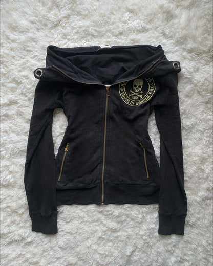 Retro Zipper Gothic Hoodie - Sexy Slim Fit Sweatshirt with Skull Graphic Embroidery