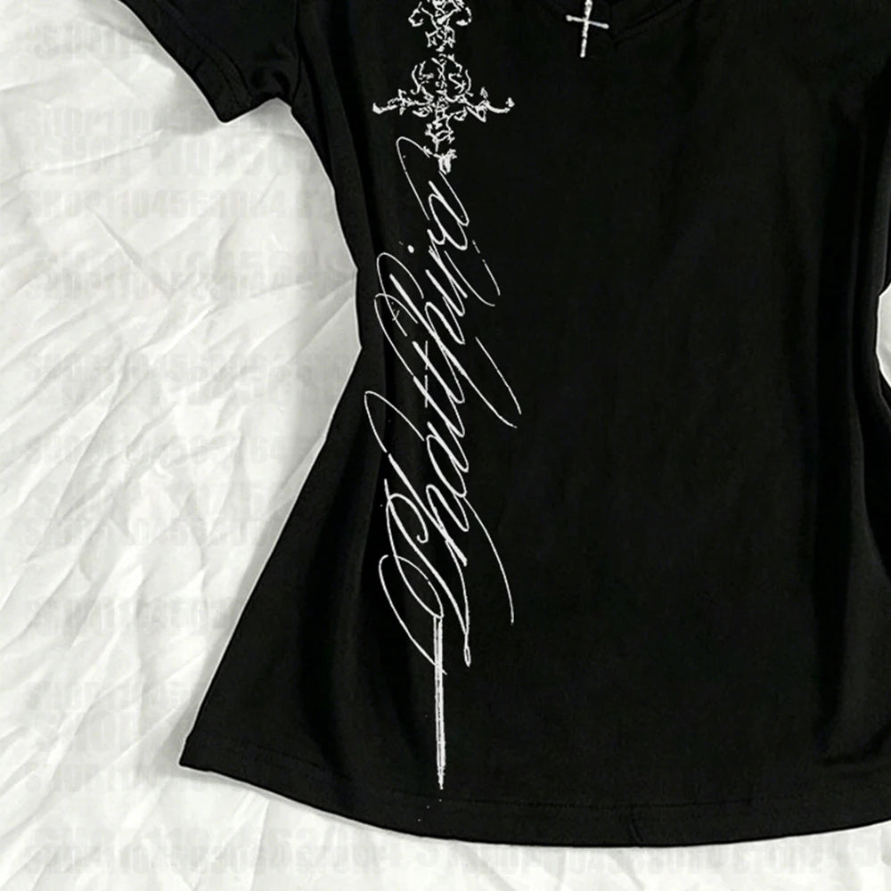 V Neck Slim Vintage Printing - Elegant Grunge Gothic Aesthetic Tee Shirt