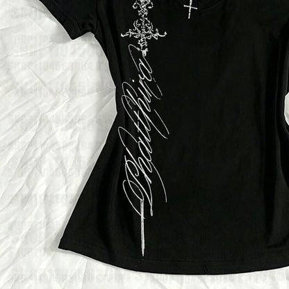 V Neck Slim Vintage Printing - Elegant Grunge Gothic Aesthetic Tee Shirt