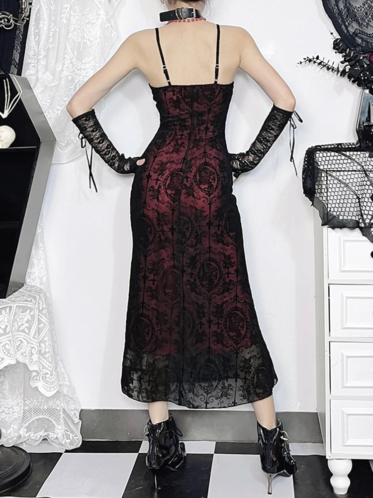 AltGoth Vintage Elegant Goth Dress.  Sexy Streetwear - Aesthetic Cross Pattern Spaghetti Strap Party Dress