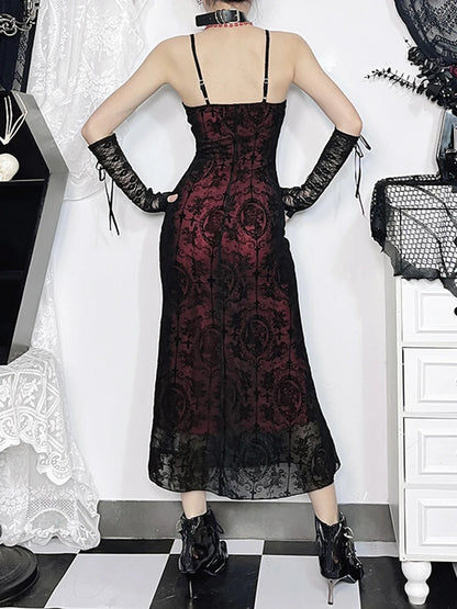AltGoth Vintage Elegant Goth Dress.  Sexy Streetwear - Aesthetic Cross Pattern Spaghetti Strap Party Dress