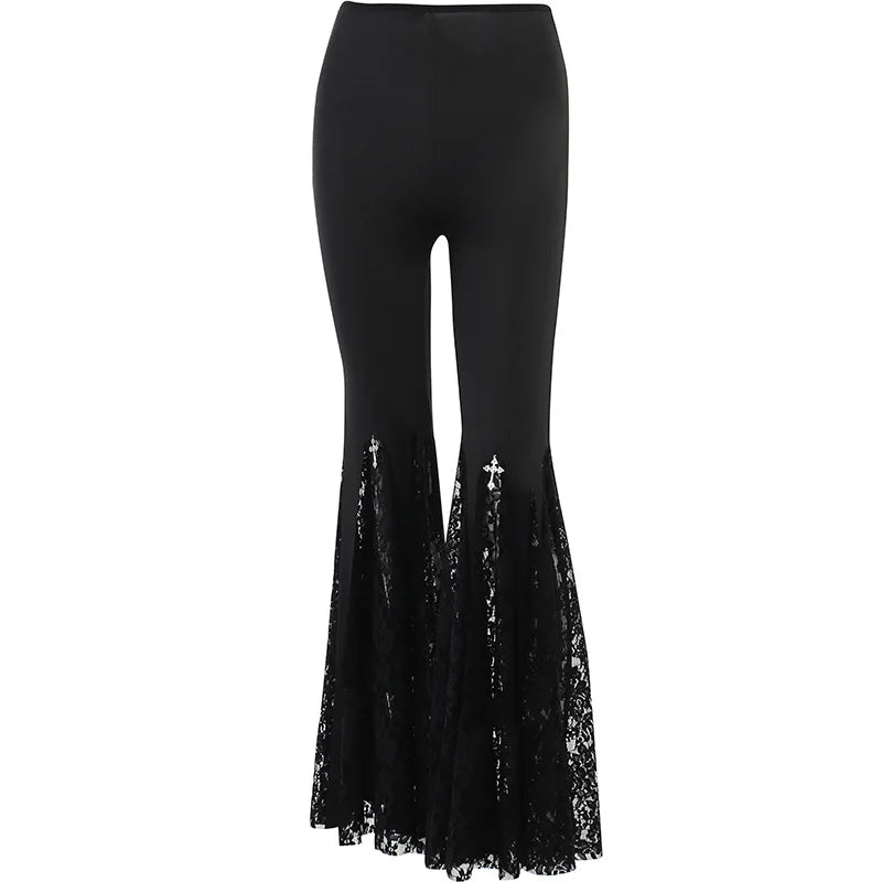 Goth Flare Pants -  Sexy Black Lace Patchwork High Waist Vintage Punk Grunge Streetwear  Y2k Pants