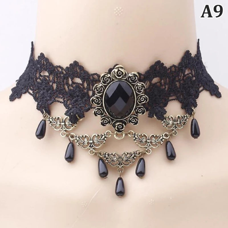New Sexy Gothic Chokers. Crystal Black Lace Neck Wear.  Choker Necklace Vintage Victorian Women Chocker Steampunk Jewelry