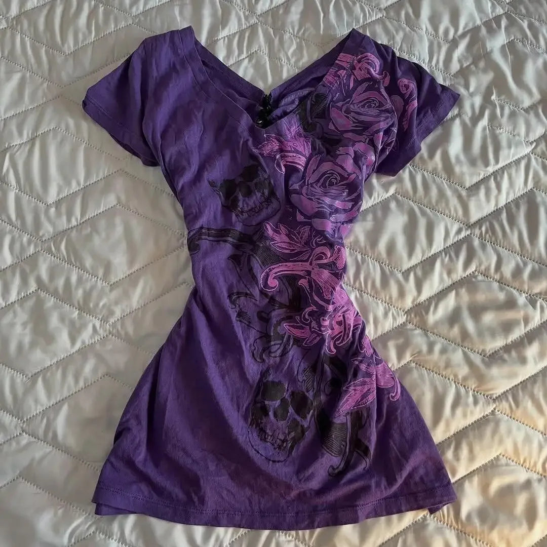 Summer Subculture Vintage Purple Print T-Shirt - American Retro Casual Slim Tee