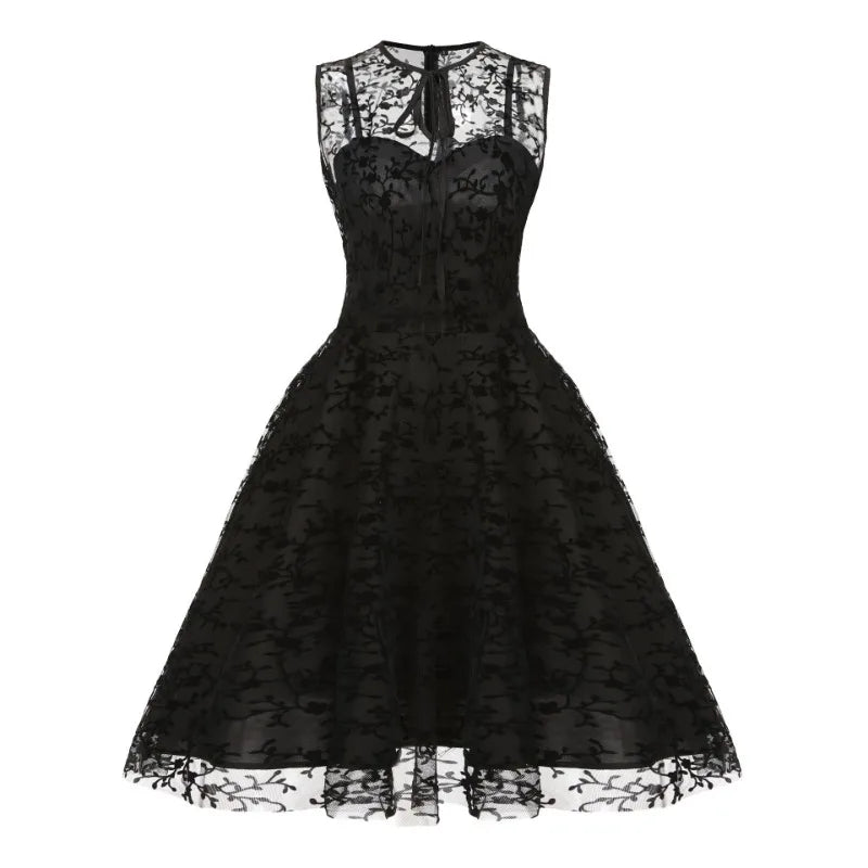 2024 New Hepburn Vintage O Neck Mesh A Line Dress.  Bow Embroidery,  Swing A Line 50s 60s Cocktail Party, Medium Length       s