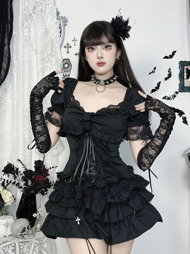 Solid E-girl Lace Patchwork Short Sleeve T-Shirt.  Bow Bandage Gothic Slim