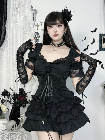 Solid E-girl Lace Patchwork Short Sleeve T-Shirt.  Bow Bandage Gothic Slim