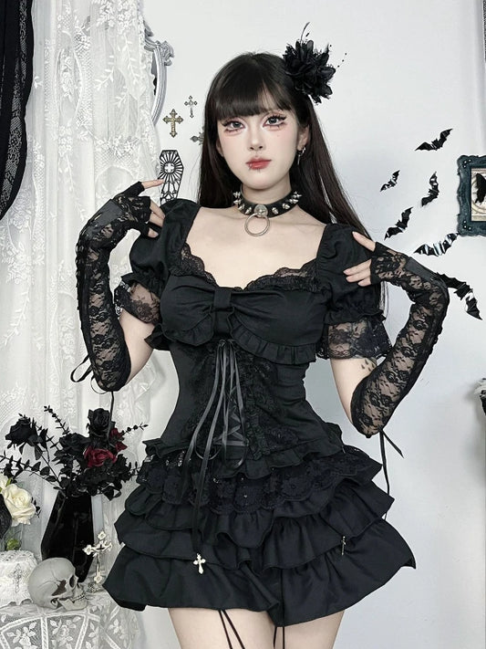 Solid E-girl Lace Patchwork Short Sleeve T-Shirt.  Bow Bandage Gothic Slim
