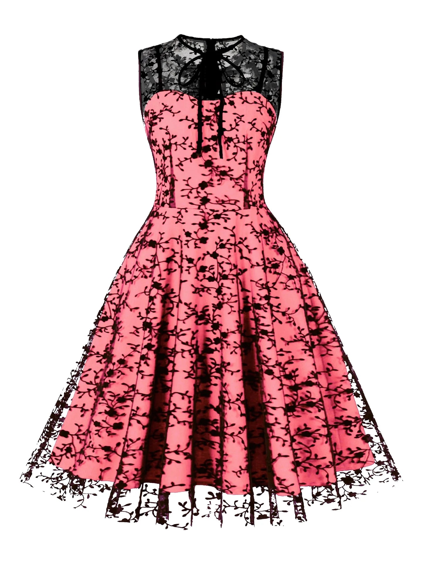 2024 New Hepburn Vintage O Neck Mesh A Line Dress.  Bow Embroidery,  Swing A Line 50s 60s Cocktail Party, Medium Length       s
