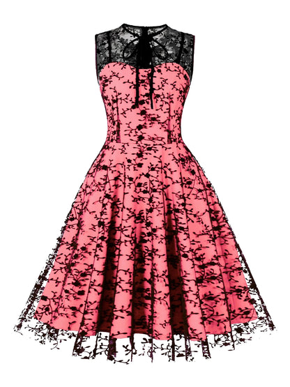 2024 New Hepburn Vintage O Neck Mesh A Line Dress.  Bow Embroidery,  Swing A Line 50s 60s Cocktail Party, Medium Length       s