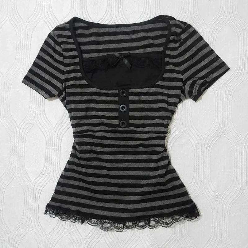 Gothic Crop Top Casual Slim Fit - Striped Lace Bow Button Design Short Sleeve T-Shirt, Streetwear