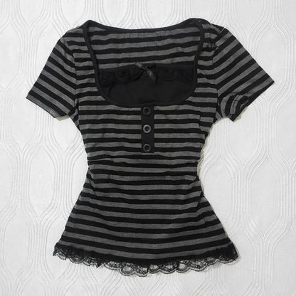 Gothic Crop Top Casual Slim Fit - Striped Lace Bow Button Design Short Sleeve T-Shirt, Streetwear