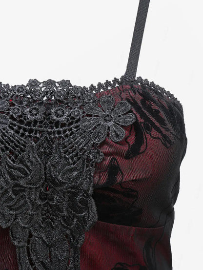 Vintage Gothic Dress.  Applique Layered A Line Cami Dress.  Punk Goth Party Cocktail Dress