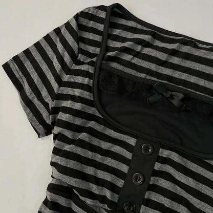 Gothic Crop Top Casual Slim Fit - Striped Lace Bow Button Design Short Sleeve T-Shirt, Streetwear