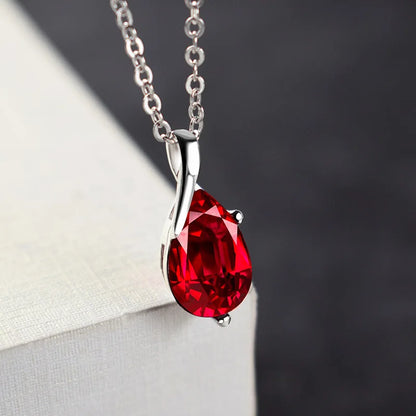 Sterling Silver Angel Tears Crystal Red Pendant Necklace