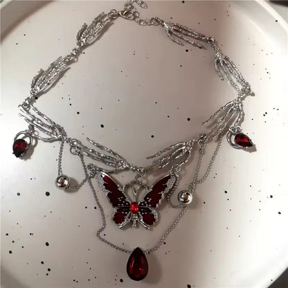 Gothic Red Butterfly Crystal Pendant Sliver Ghost Claw Short Choker Chain Necklace For Women Punk Y2K Charms Jewelry Accessories