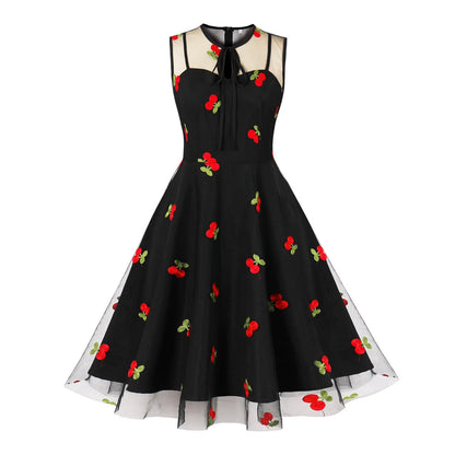 2024 New Hepburn Vintage O Neck Mesh A Line Dress.  Bow Embroidery,  Swing A Line 50s 60s Cocktail Party, Medium Length       s
