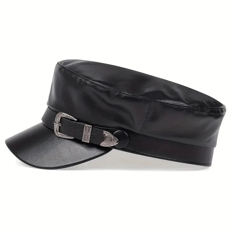 Women's Large Belt Buckle Leather Hat - Sailor Hats, Beret Cap, Military hat