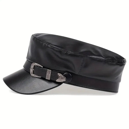 Women's Large Belt Buckle Leather Hat - Sailor Hats, Beret Cap, Military hat
