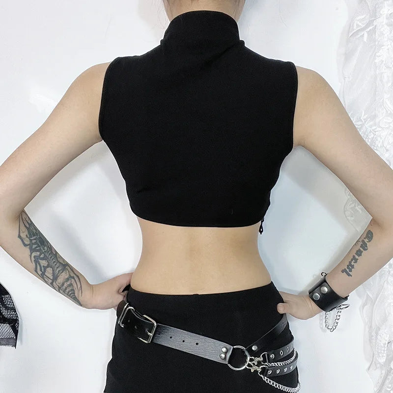 Goth Dark Cyber Skinny Turtleneck Tank Top - Sexy Moon Chain Tassle Vest Top