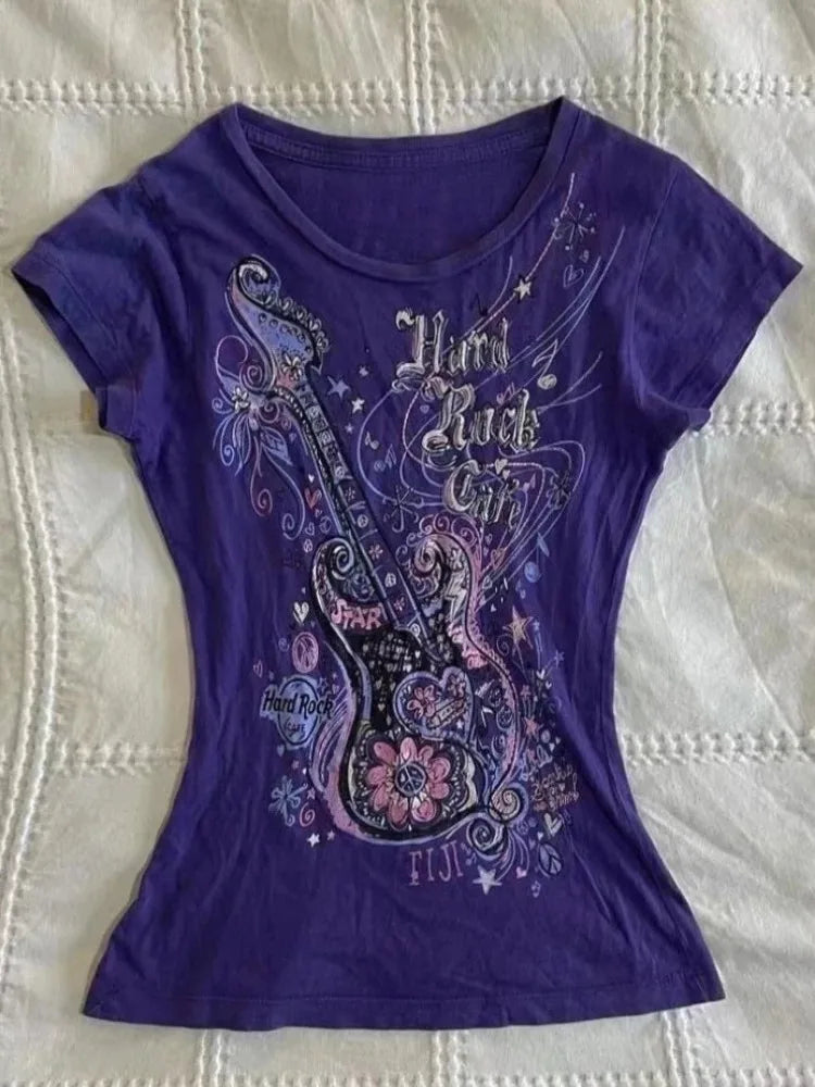 Summer Subculture Vintage Purple Print T-Shirt - American Retro Casual Slim Tee