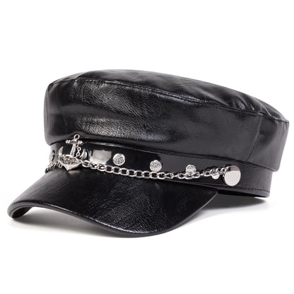 Women's Large Belt Buckle Leather Hat - Sailor Hats, Beret Cap, Military hat