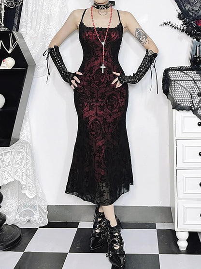 AltGoth Vintage Elegant Goth Dress.  Sexy Streetwear - Aesthetic Cross Pattern Spaghetti Strap Party Dress