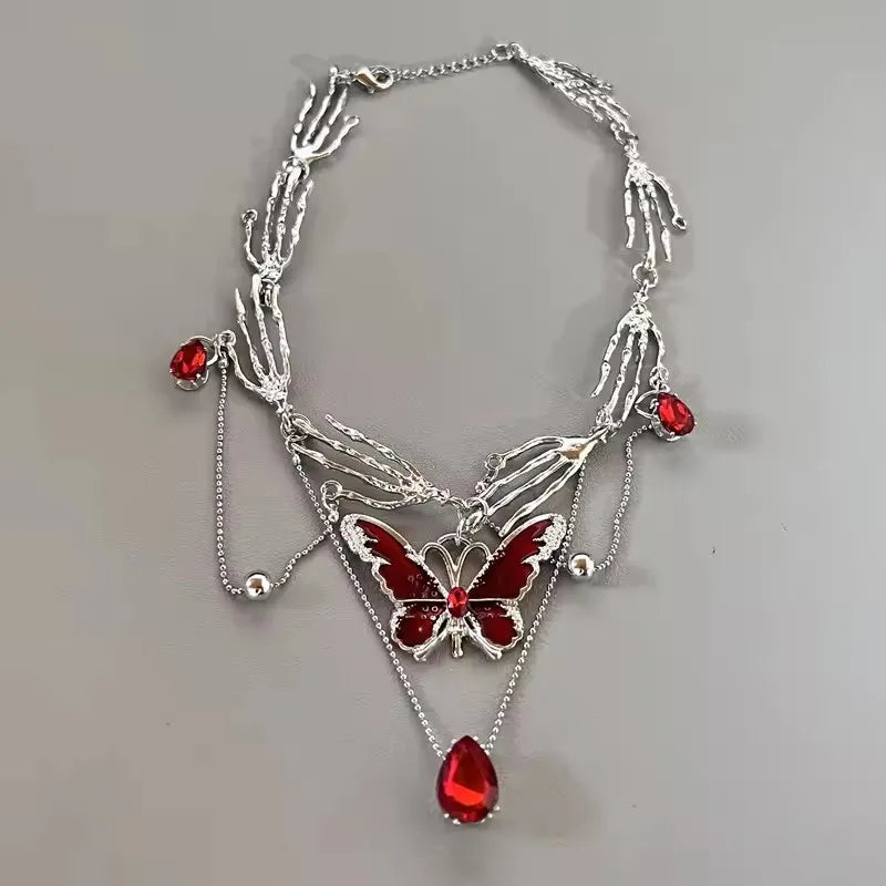 Gothic Red Butterfly Crystal Pendant Sliver Ghost Claw Short Choker Chain Necklace For Women Punk Y2K Charms Jewelry Accessories