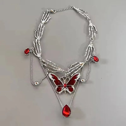 Gothic Red Butterfly Crystal Pendant Sliver Ghost Claw Short Choker Chain Necklace For Women Punk Y2K Charms Jewelry Accessories