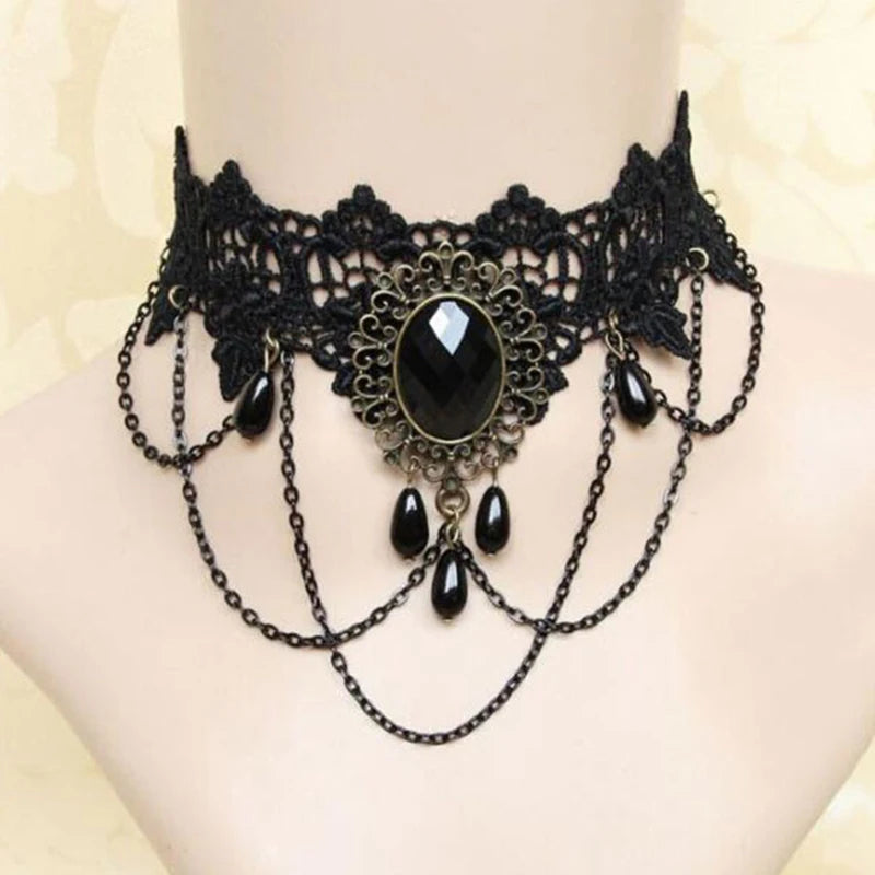 New Sexy Gothic Chokers. Crystal Black Lace Neck Wear.  Choker Necklace Vintage Victorian Women Chocker Steampunk Jewelry