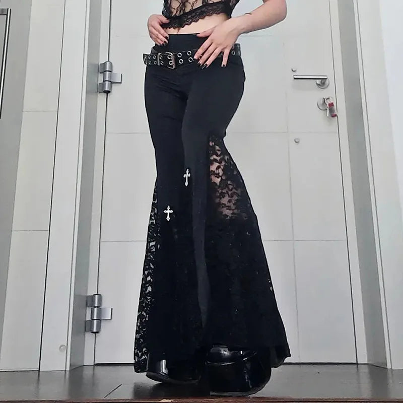 Goth Flare Pants -  Sexy Black Lace Patchwork High Waist Vintage Punk Grunge Streetwear  Y2k Pants