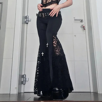 Goth Flare Pants -  Sexy Black Lace Patchwork High Waist Vintage Punk Grunge Streetwear  Y2k Pants