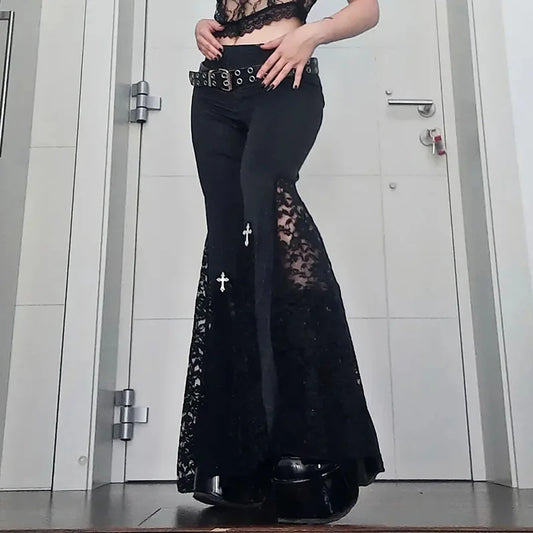 Goth Flare Pants -  Sexy Black Lace Patchwork High Waist Vintage Punk Grunge Streetwear  Y2k Pants