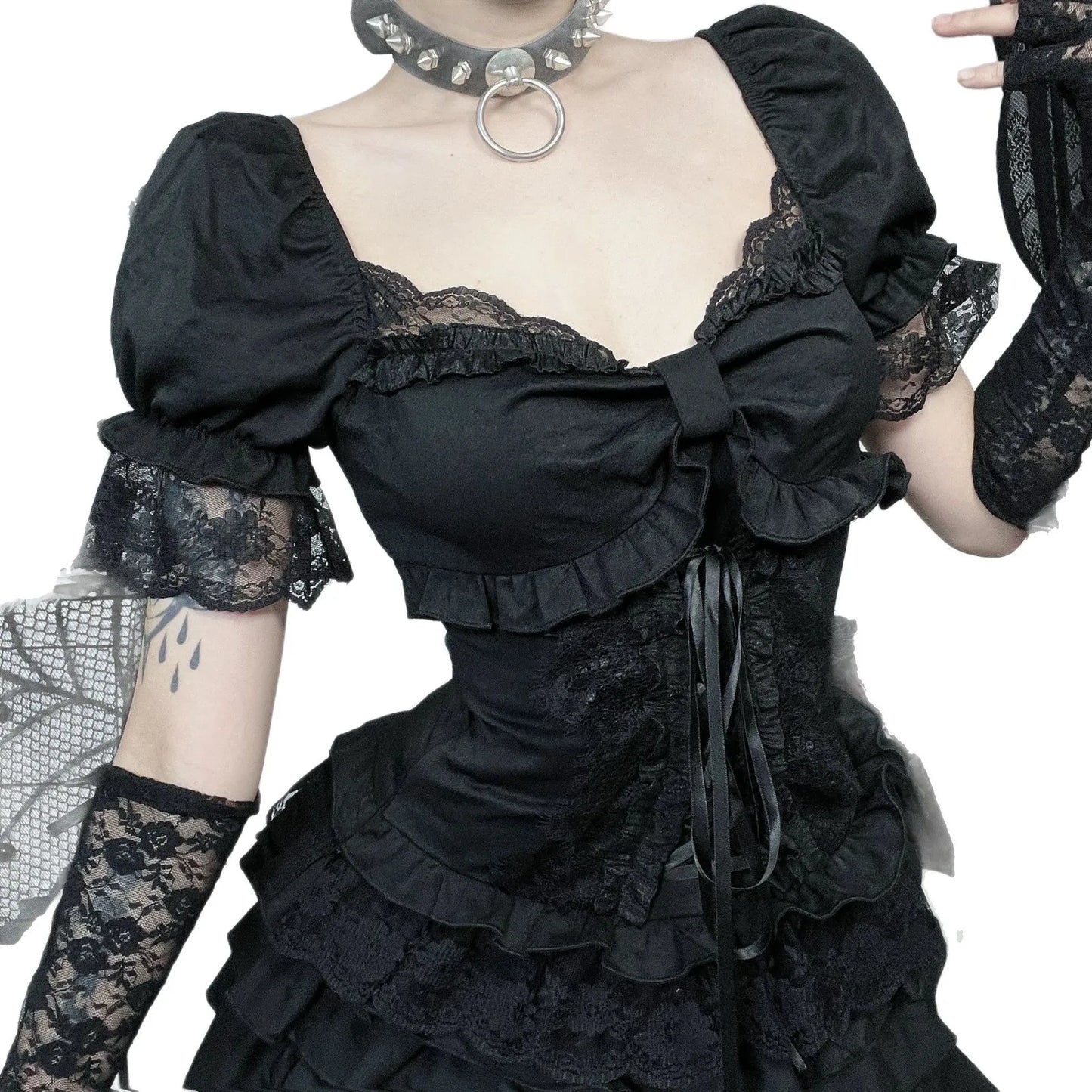 Solid E-girl Lace Patchwork Short Sleeve T-Shirt.  Bow Bandage Gothic Slim