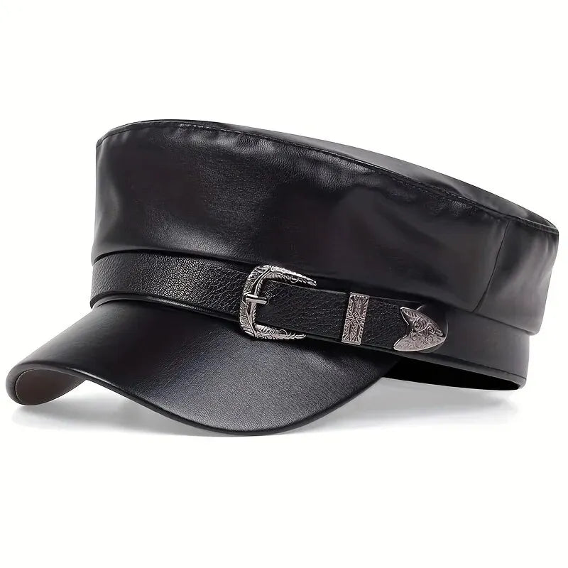Women's Large Belt Buckle Leather Hat - Sailor Hats, Beret Cap, Military hat
