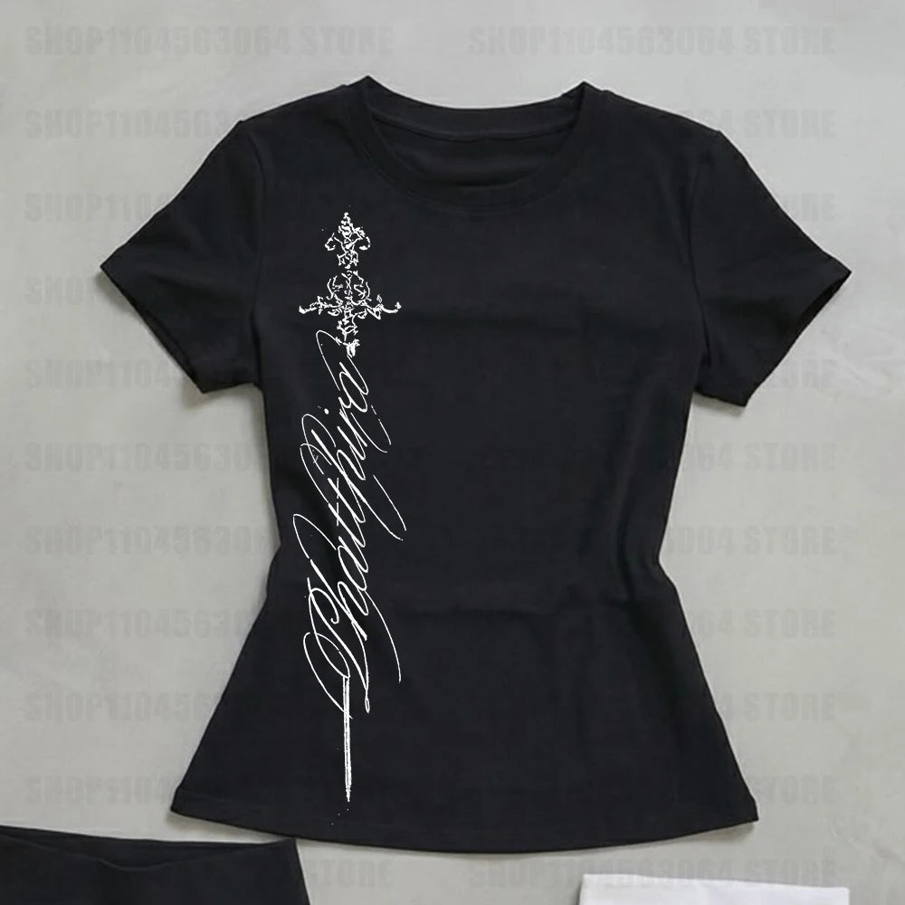 V Neck Slim Vintage Printing - Elegant Grunge Gothic Aesthetic Tee Shirt