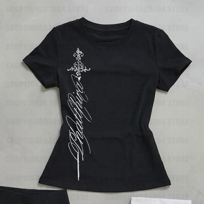 V Neck Slim Vintage Printing - Elegant Grunge Gothic Aesthetic Tee Shirt