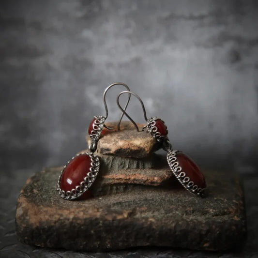 Vintage Oval Inlaid Red Zircon Earrings - Classic Personality Ancient Silver Color