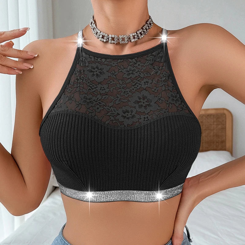 Floral Lace Ribbed Camisole Brassiere.  Comfortable Backless sexy bra.