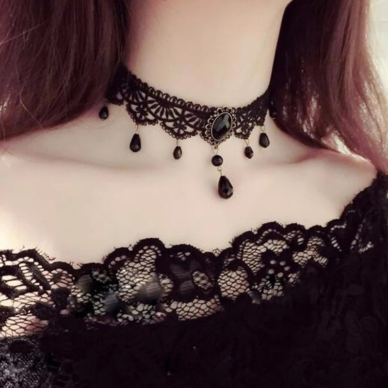 New Sexy Gothic Chokers. Crystal Black Lace Neck Wear.  Choker Necklace Vintage Victorian Women Chocker Steampunk Jewelry