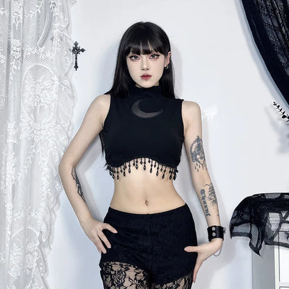 Goth Dark Cyber Skinny Turtleneck Tank Top - Sexy Moon Chain Tassle Vest Top