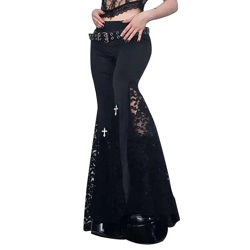 Goth Flare Pants -  Sexy Black Lace Patchwork High Waist Vintage Punk Grunge Streetwear  Y2k Pants