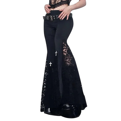 Goth Flare Pants -  Sexy Black Lace Patchwork High Waist Vintage Punk Grunge Streetwear  Y2k Pants