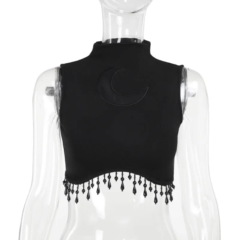Goth Dark Cyber Skinny Turtleneck Tank Top - Sexy Moon Chain Tassle Vest Top