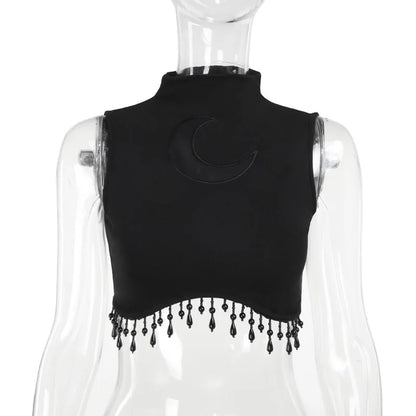 Goth Dark Cyber Skinny Turtleneck Tank Top - Sexy Moon Chain Tassle Vest Top