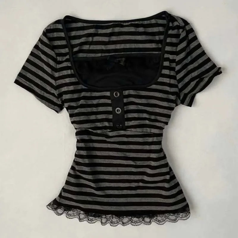 Gothic Crop Top Casual Slim Fit - Striped Lace Bow Button Design Short Sleeve T-Shirt, Streetwear