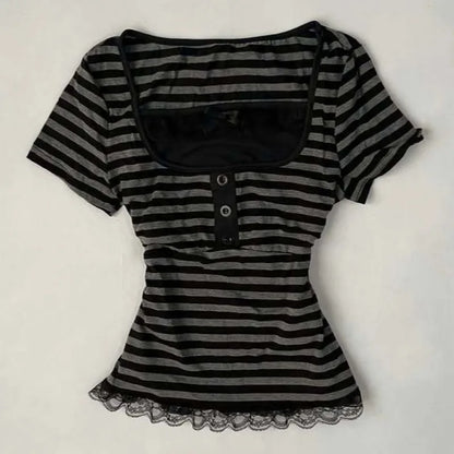 Gothic Crop Top Casual Slim Fit - Striped Lace Bow Button Design Short Sleeve T-Shirt, Streetwear