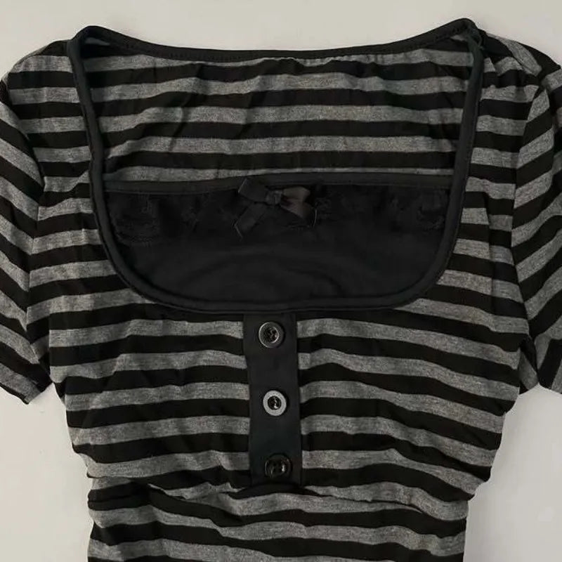 Gothic Crop Top Casual Slim Fit - Striped Lace Bow Button Design Short Sleeve T-Shirt, Streetwear