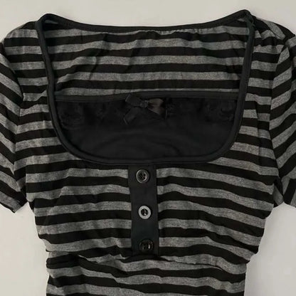 Gothic Crop Top Casual Slim Fit - Striped Lace Bow Button Design Short Sleeve T-Shirt, Streetwear